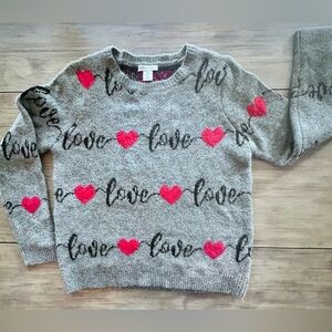 cupcakes & cashmere Gray Sweater with Red Hearts and Black Script fuzzy soft L